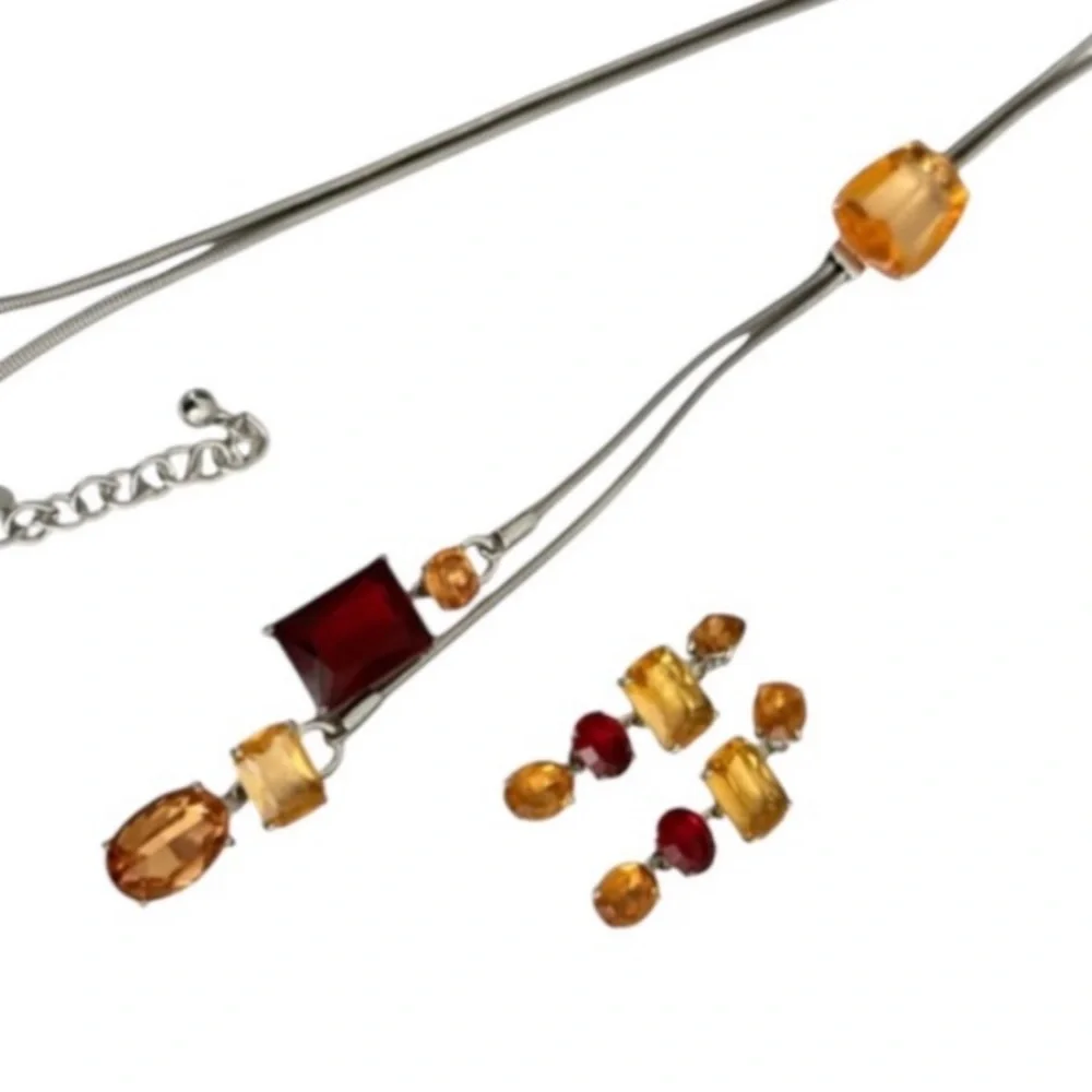 WHBM Crystal Necklace and Earring Set Ruby Red Topaz Brown Gold Silver